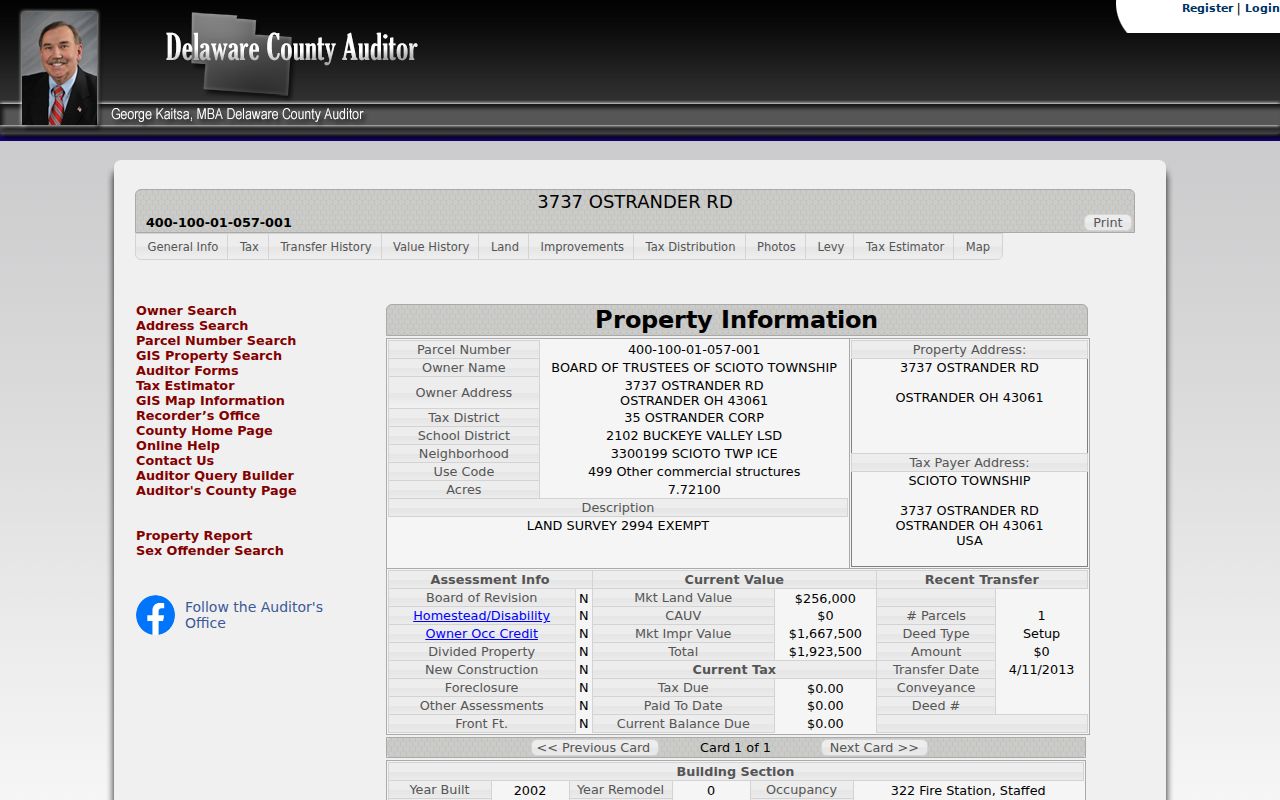 Scioto Township street directory Auditor parcel detail sample